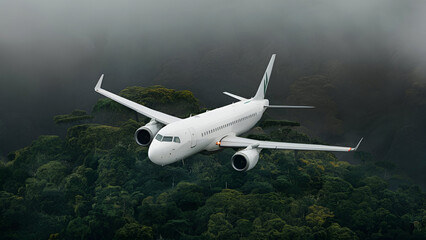 A sustainable aviation fuel concept showcases a white jet cruising over lush woodlands, offering a bird's-eye view of the airplane and its propellers against a setting of a shadowy,  Generated ai