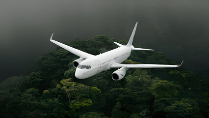 Fototapeta premium A sustainable aviation fuel concept showcases a white jet cruising over lush woodlands, offering a bird's-eye view of the airplane and its propellers against a setting of a shadowy, Generated ai