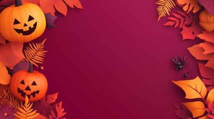 Halloween Pumpkin and Leaves Banner: A festive Halloween background with pumpkins, leaves, and spiders against a vibrant crimson backdrop. Perfect for invitations, social media posts, and spooky celeb