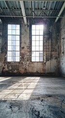 Abandoned Factory Interior with Sunbeams.