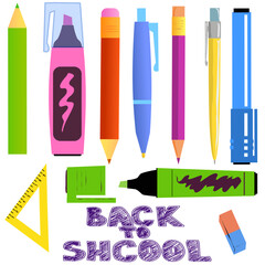 pens, pencils and markers of different colors for school and stationery needs. Vector illustration writing instruments, ballpoint pens pencils, eraser and markers underliners