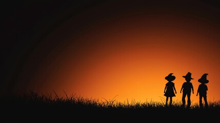 Halloween's Eve Glow: Silhouetted against a fiery sunset, three young trick-or-treaters embody the spirit of Halloween. 