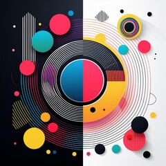 abstract background with circles, black and white background, background with lines, vinyl record background, Abstract geometric background with colorful circles and lines on black and white