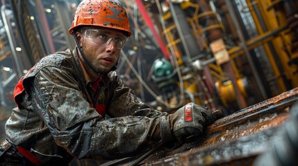 Oil Rig Worker Engaged in Maintenance Tasks Under Rainy Conditions on Offshore Platform. Generative AI