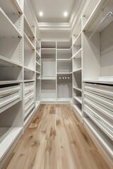 Elegant walk-in closet showcasing a white frame mockup and chic storage solutions.