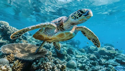 Obraz premium Sea Turtle Swimming Over Coral Reef