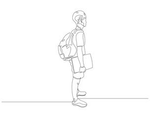 Continuous one line drawing of school student with bag backpack. One line drawing illustration of student carrying backpack. Back to school concept line art. Editable outline.