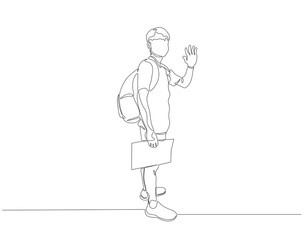 Continuous one line drawing of school student with bag backpack. One line drawing illustration of student carrying backpack. Back to school concept line art. Editable outline.