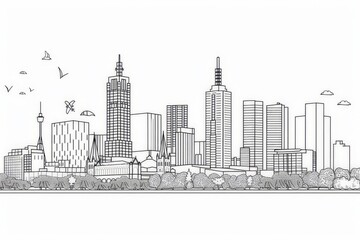 Melbourne City Skyline editable outline illustration on white background