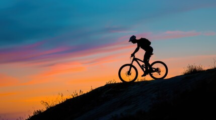 Serene Dusk Ride - Silhouette of Cyclist Enjoying Scenic Hilltop View