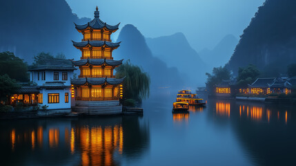 Fototapeta premium Fantasy landscape, mountains and water at night. Design for Wall Art, Poster Print, Wallpaper & Background