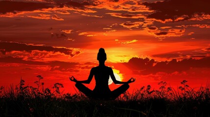 Serene Yoga Pose Silhouetted Against Vibrant Sunset Sky - Wellness and Meditation Concept