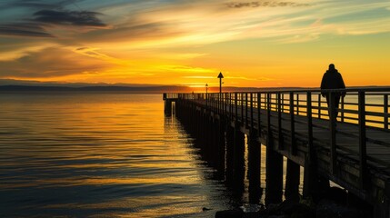 Serene Silhouette of a Person Walking Along Pier at Sunset