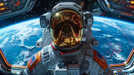 Astronaut Traveling in Space While Observing Earth From a High-Tech Spacecraft Window. Generative AI