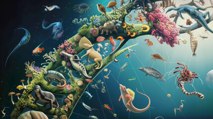 Evolutionary timeline:** A visual depiction of the evolutionary journey from single-celled organisms to complex life forms