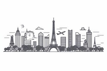 Thin line style city Illustration of urban landscape street, paris skyline city office buildings, Outline cityscape panorama on white background