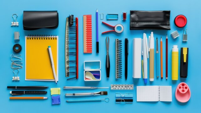 assortment office supplies neatly arranged