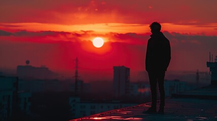 Silhouette of a person standing on a rooftop at sunset 