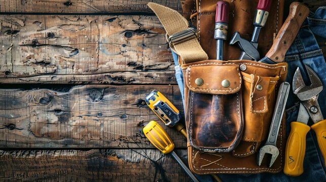 Tool belt loaded with essential tools placed on a wooden surface