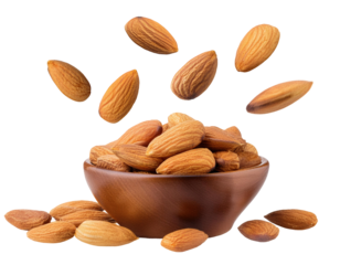 A bowl of delicious almonds with some nuts falling, showcasing their natural brown color and texture, perfect for healthy snacks. Isolated on a white or transparent background.