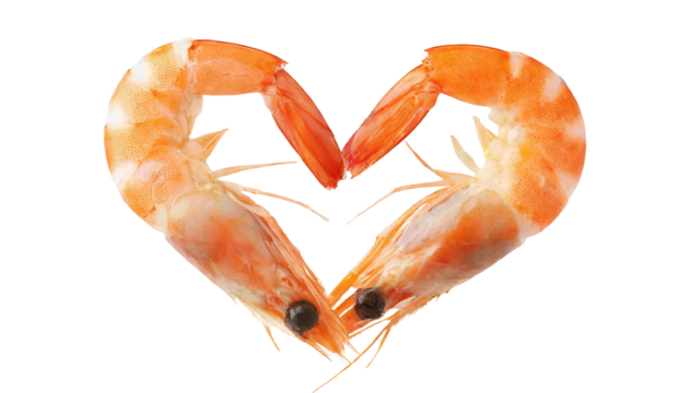 Two shrimp forming a heart shape, symbolizing love and affection in seafood cuisine and marine life. Isolated on transparent or white background. 