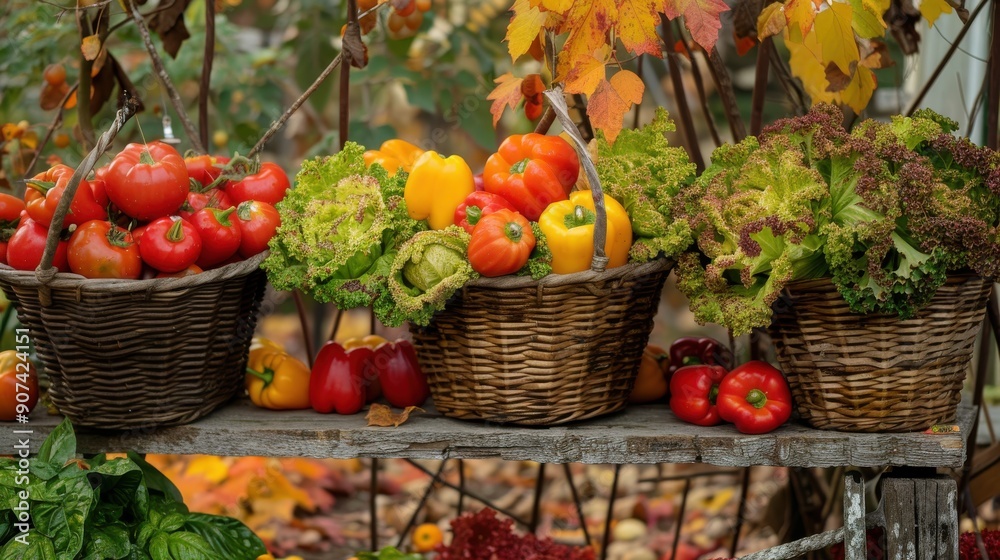 Poster a rustic wooden table displays three wicker baskets, each overflowing with a different type of fresh