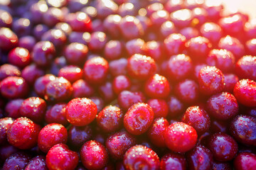 Cherry with drops water, background, texture. Lots of cherries on sunset. Cherry background. Beautiful Red berries background. Delicious Cherry berry background. Bunch of red cherries in bright light