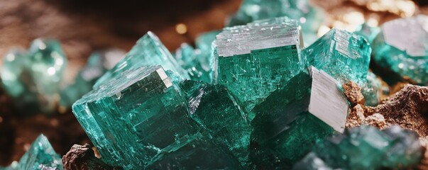 Close up shot detailed aquamarine crystal mineral stone. shiny surface of precious stone mineral crystals in the natural environment