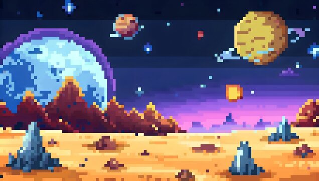 Alien planet space landscape pixel art background. 8-bit game assets
