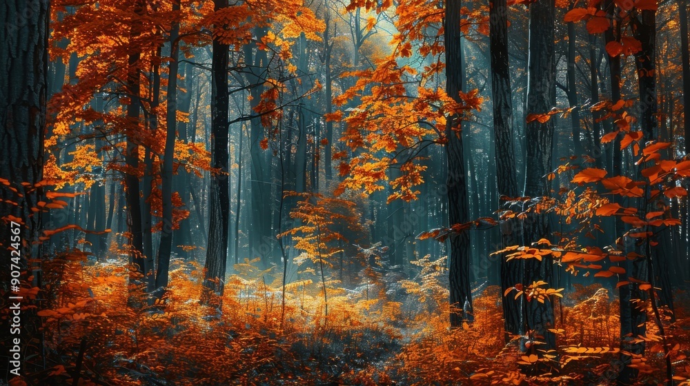 Poster Sunlight streams through the trees in an autumn forest, casting warm light on the path ahead. Orange and red leaves cover the forest floor, creating a colorful scene. The trees are tall and slender, r