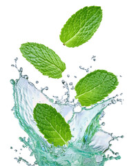 Fresh mint leaves splash into clear water, creating a vibrant and refreshing visual perfect for culinary or wellness themes.