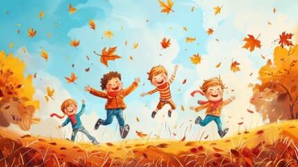 Four children are playing in a forest during autumn. They are running, jumping, and laughing as leaves fall from the trees around them. The sky is blue and the sun is shining. The children are dressed