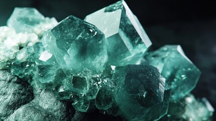 Close up shot detailed aquamarine crystal mineral stone. shiny surface of precious stone mineral crystals in the natural environment