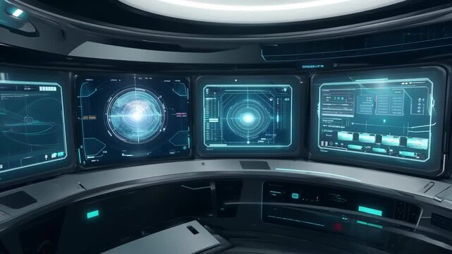 Close-up: Holographic interface materializes from shimmering light. Camera pans across futuristic command center, revealing cascading data streams on curved displays.	