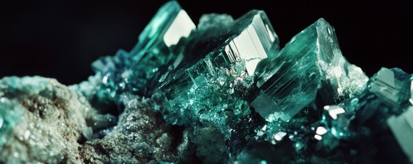 Close up shot detailed aquamarine crystal mineral stone. shiny surface of precious stone mineral crystals in the natural environment