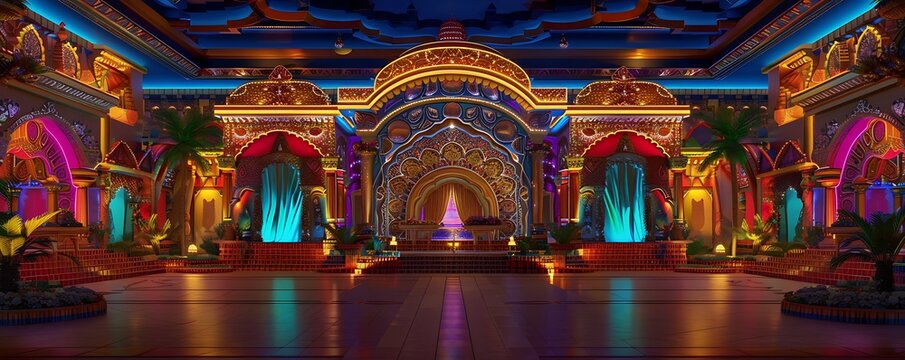 An intricately designed Navaratri pandal with traditional motifs, vibrant colors, and elegant lighting, creating a festive ambiance.
