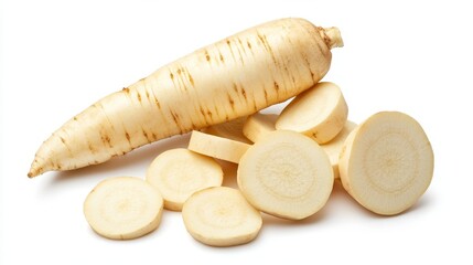 Multiple parsnip slices scattered artistically, emphasizing their freshness and detailed cross-sections. Isolated on a white backdrop