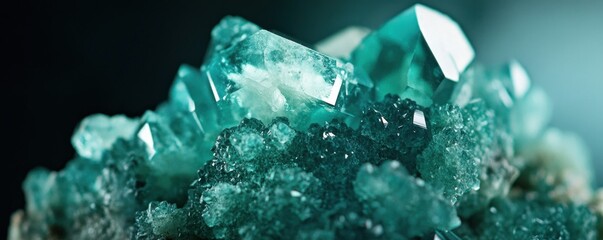 Close up shot detailed aquamarine crystal mineral stone. shiny surface of precious stone mineral crystals in the natural environment