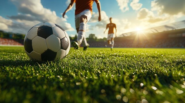 Soccer player controlling the ball with his foot, ready to pass to a teammate, with the soccer field stretching out behind him - Powered by Adobe