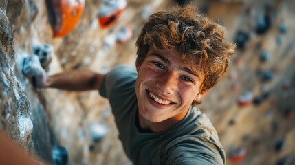 Happy young man climbing an indoor rock wall, grinning as he reaches the top, showcasing the excitement of adventurous