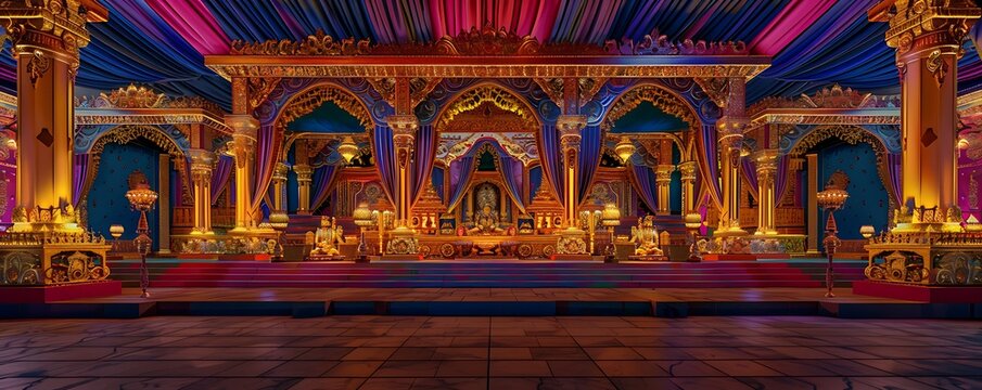 An intricately designed Navaratri pandal with traditional motifs, vibrant colors, and elegant lighting, creating a festive ambiance.
