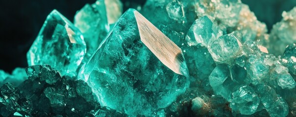 Close up shot detailed aquamarine crystal mineral stone. shiny surface of precious stone mineral crystals in the natural environment