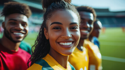Diverse athletes from various sports, beaming with joy and camaraderie, standing proudly on a football stadium field, united by their love for sports