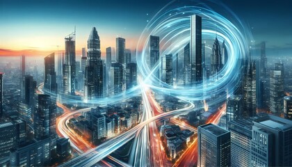 Nighttime city traffic with a bustling skyline and illuminated streets