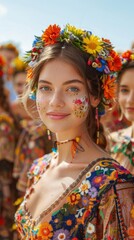 Young woman in traditional floral attire at a cultural festival.