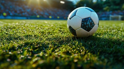 Obraz premium A soccer ball on the vibrant green grass of a soccer stadium, positioned perfectly for a free kick with the crowd in the stands