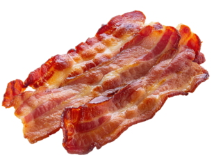 Deliciously crispy cooked bacon strips perfect for breakfast or as a savory topping in various dishes, isolated on a white or transparent background.