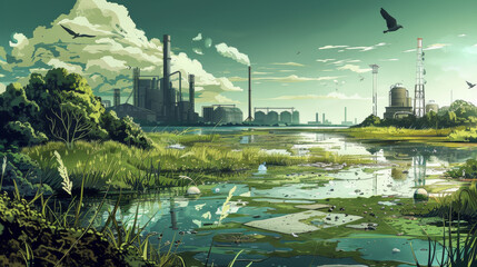Illustration of technologies and strategies for cleaning up pollution and restoring damaged ecosystems, such as bioremediation and phytoremediation. 