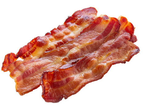 Deliciously crispy cooked bacon strips perfect for breakfast or as a savory topping in various dishes, isolated on a white or transparent background.