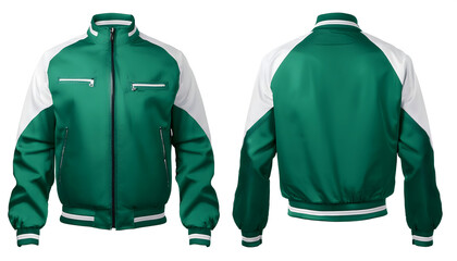  Blank ( green AND WHITE) varsity bomber jacket isolated on white background. parachute jacket